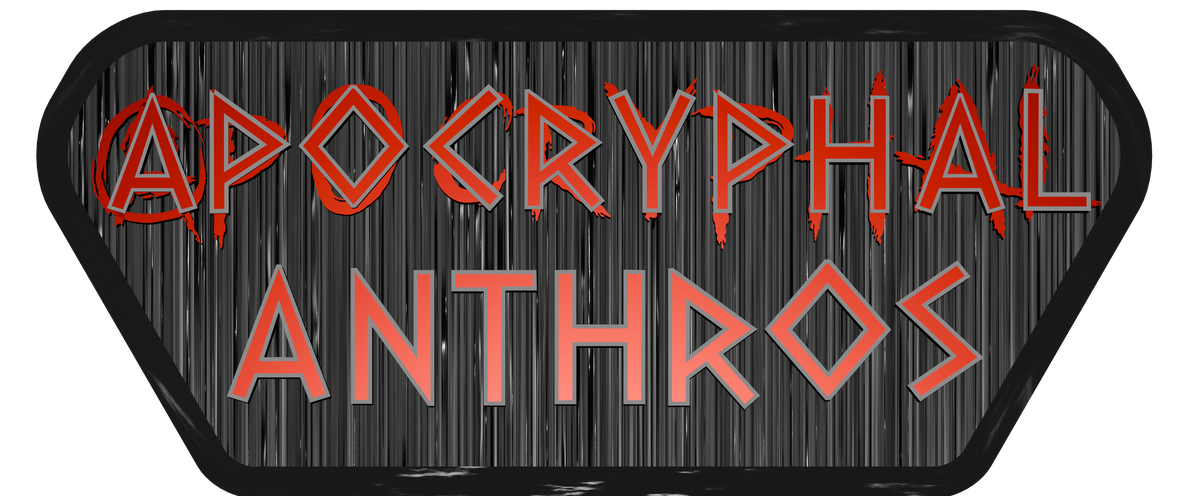 Apocryphal Anthros — the title in rust-red lettering on a steel plate